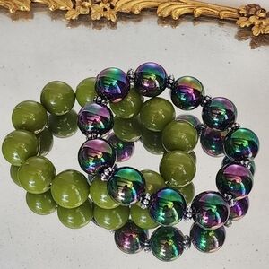 Stretch bracelet matching lot of 2 Green oil slick rainbow iridescent